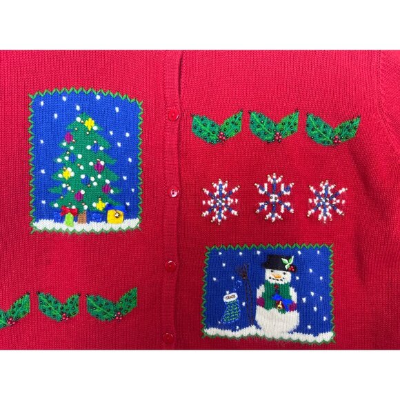 Vtg 90's Christmas Knit Cardigan Sweater Women's XL Red Tree Snowman Snowflakes - Picture 15 of 16